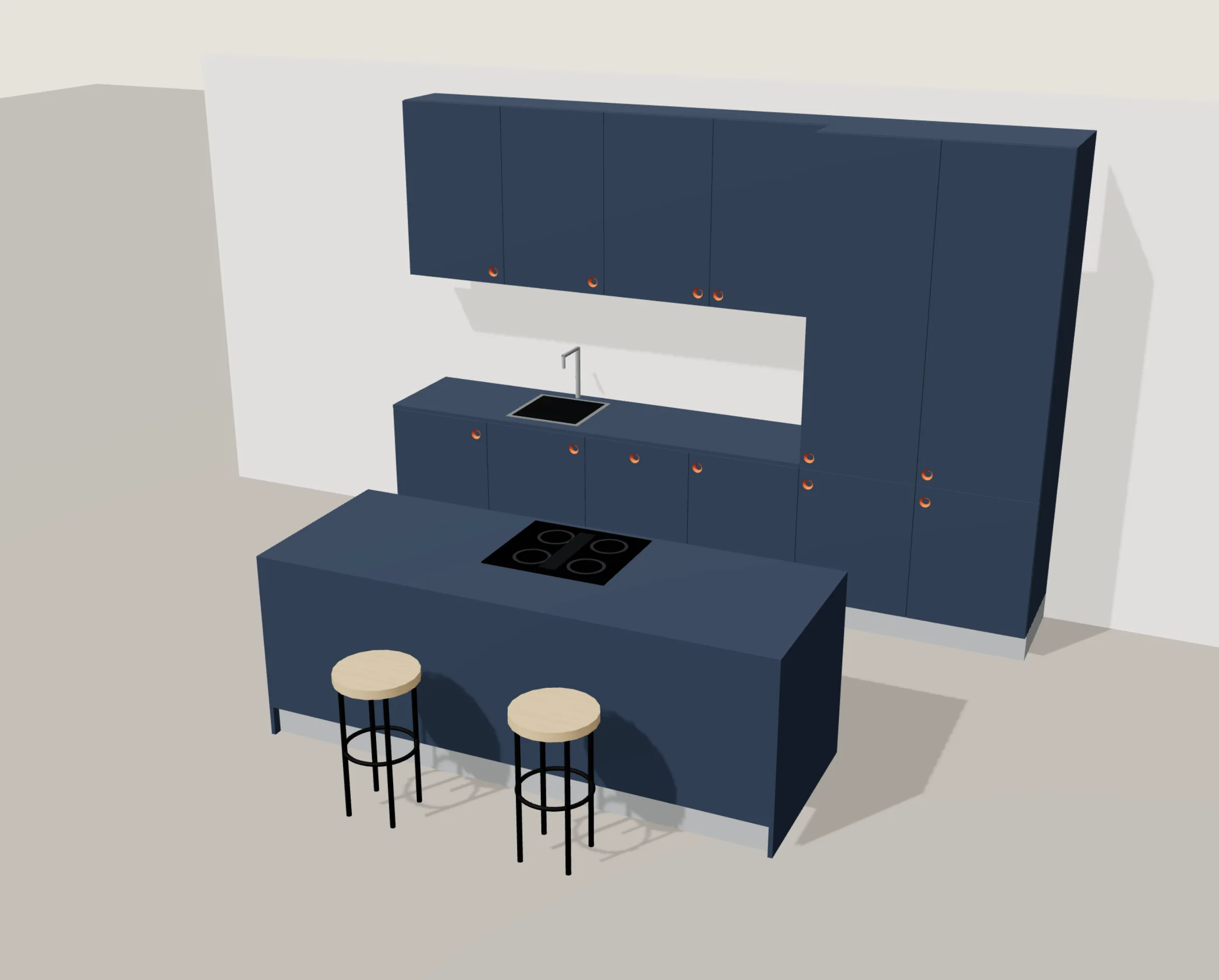 Cucina Oblò: Con isola · Blu Fes, maniglie arancioni