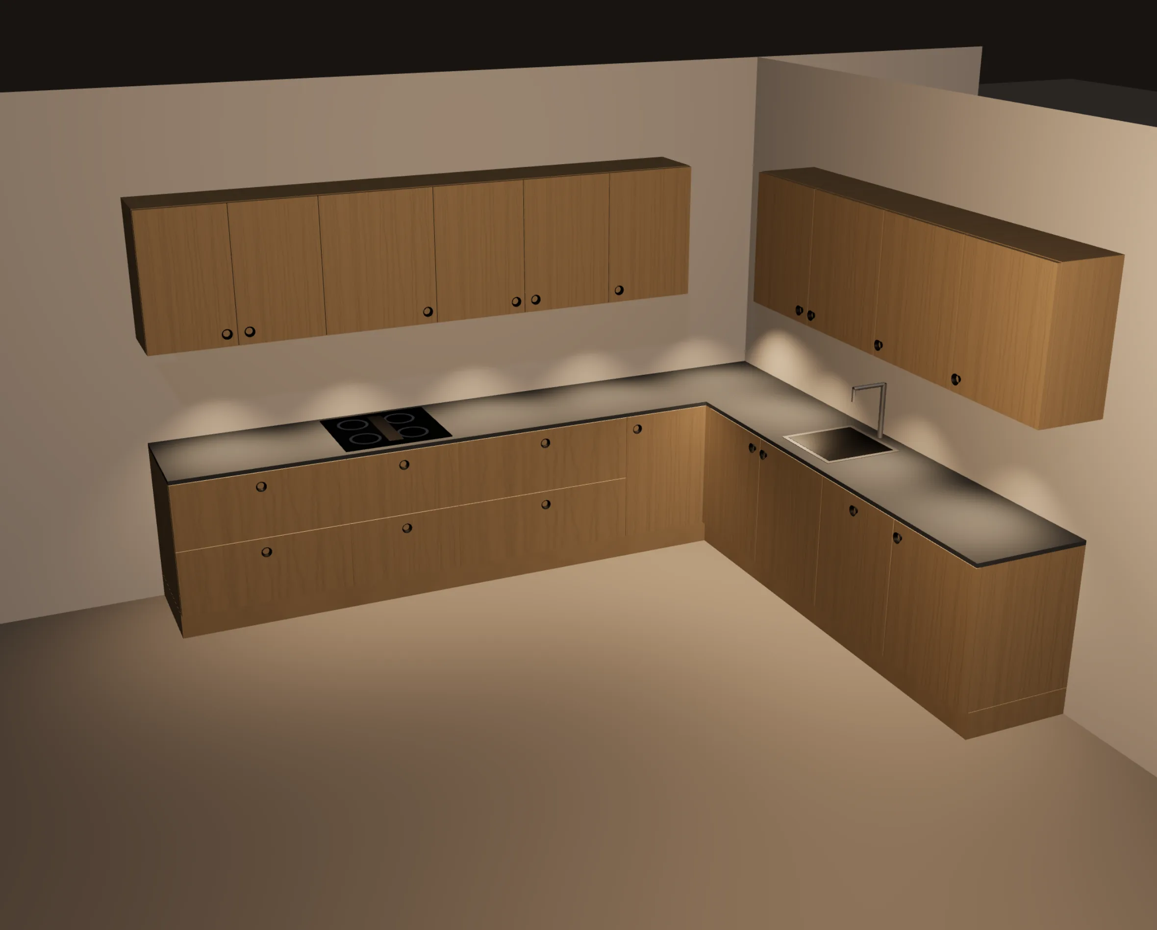 Cucina Oblò: Ad angolo · Rovere, di sera