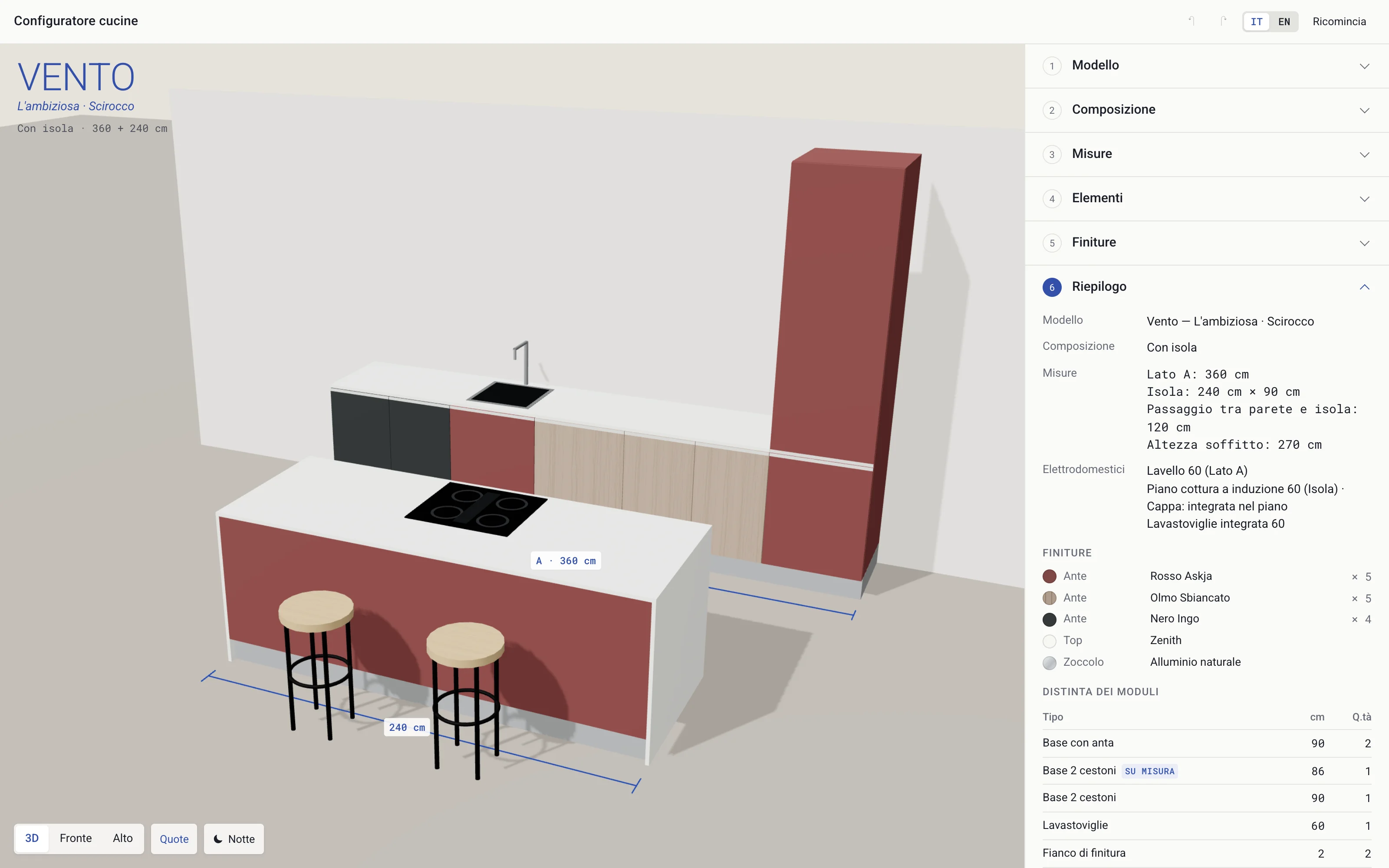 Il configuratore con una cucina Vento a isola